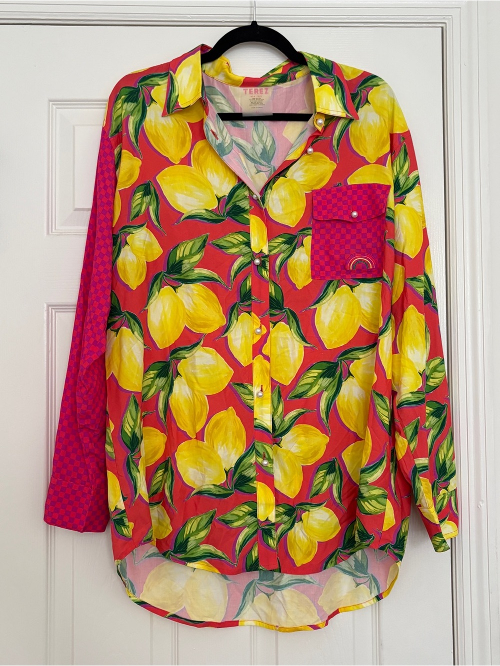 TEREZ Pink Lemon-Leaf Print Top with Yellow Accents